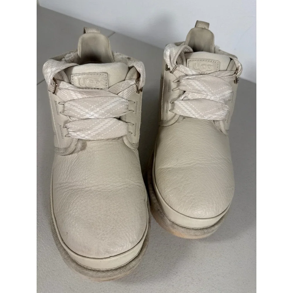 UGG Neumel High Heritage Cream Pebbled Leather Ribbon Lace Boots Men 10 Women 11